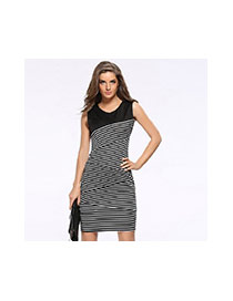 Fashion Black Stripe Matching Decorated Sleeveless Tight Dress