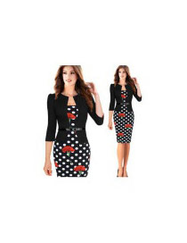 Fashion Red Flower&dot Decorated Three Quarter Sleeve False Two-piece Dress(with Belt)