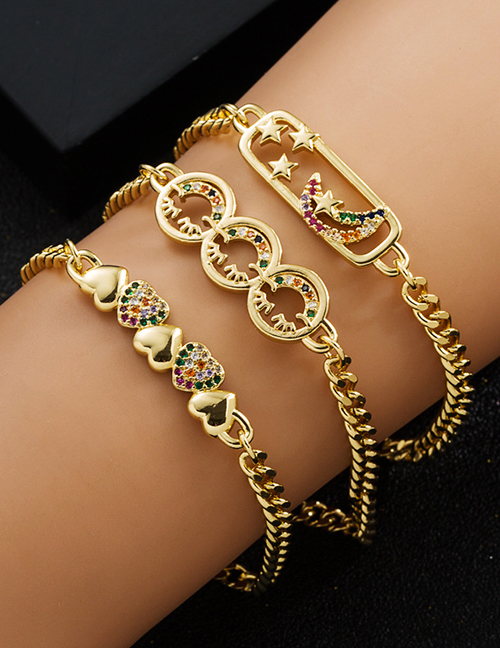 Fashion Star And Moon Brass Gold Plated Zirconium Star And Moon Heart Smiley Bracelet
