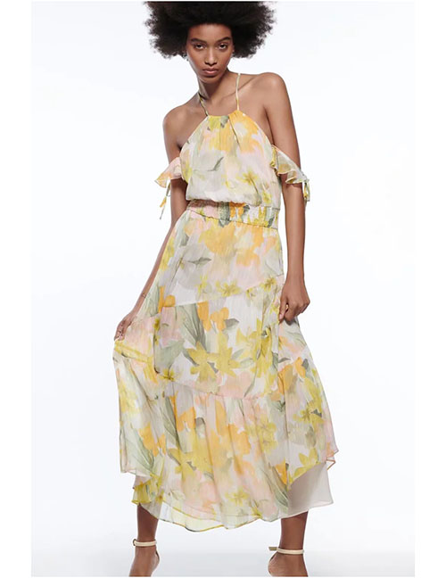 Fashion Yellow Chiffon Print Dress