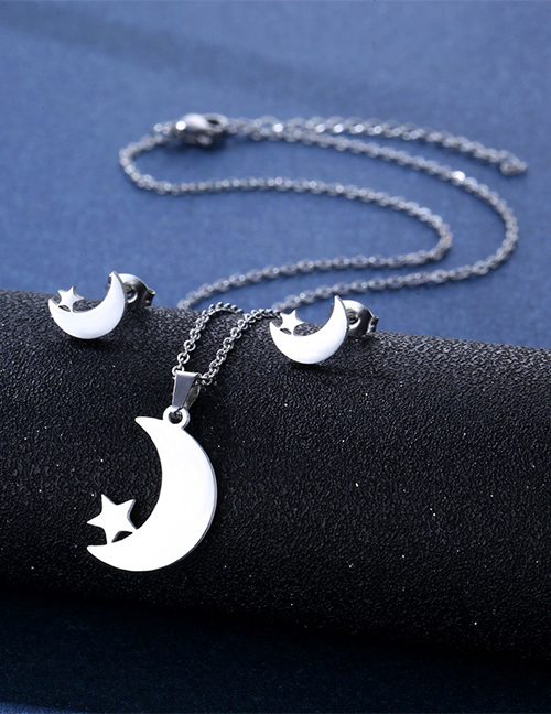 Conjunto De Collar De Titanio Brillante Con Estrella Y Luna