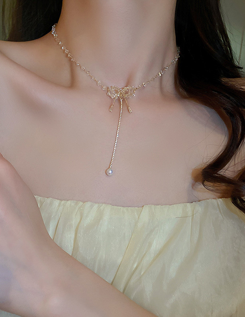 Collar De Perlas Con Flecos De Mariposa De Cristal De Circonio De Bronce