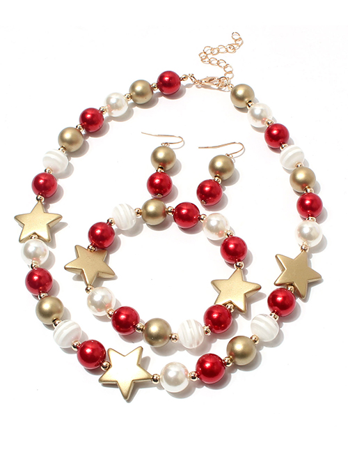 Fashion Gold Geometric Pearl Beaded Pentagram Earrings Necklace Bracelet Set