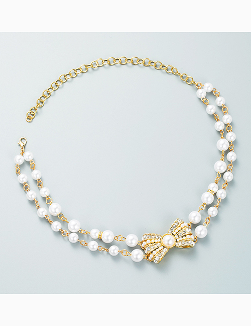 Collar Doble De Perlas Con Lazo De Diamantes De Aleación