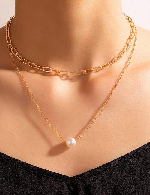 Collar Doble De Perlas Con Cadena Geométrica De Aleación
