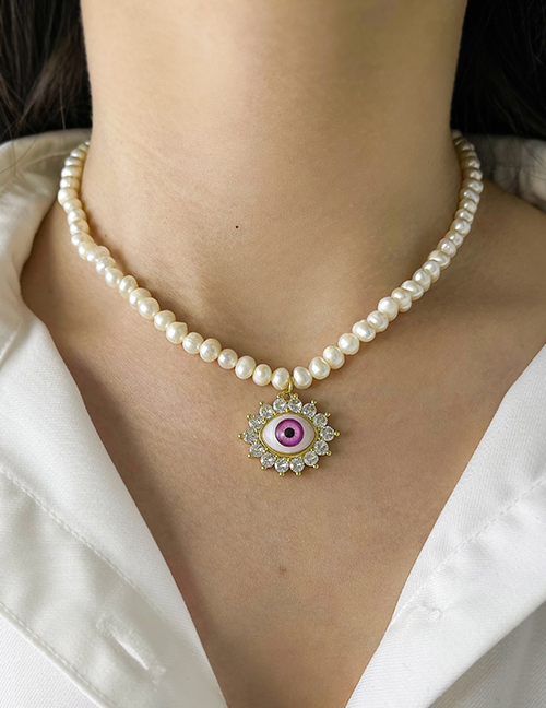 Bronze Zirconium Eye Pendant Pearl Beaded Necklace