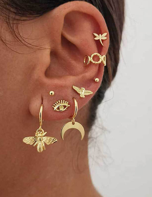 Fashion Gold Alloy Dragonfly Moon Bee Eye Earring Set