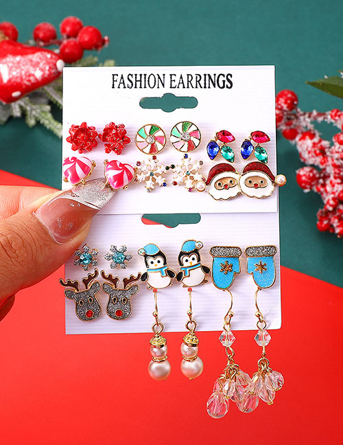 Fashion Gold-2 Alloy Diamond Drop Oil Love Snowflake Santa Stud Earrings Set