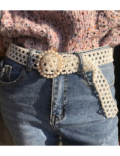 Cinturón De Lados Anchos Con Hebilla Redonda Tejida Con Perlas Geométricas