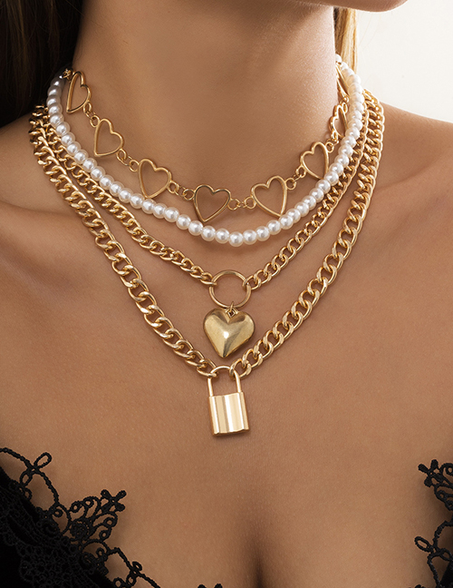 Collar Multicapa Con Perla De Corazón Hueco De Aleación Con Cuentas De Oro Y Bloqueo