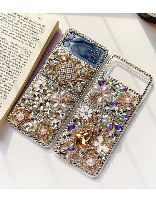 Estuche Plegable Para Teléfono Samsung Con Flor De Perla Y Oso De Diamantes De Imitación