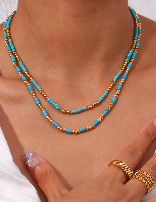 Collar De Cuentas De Pino Azul Brillante Chapado En Oro De Acero Inoxidable