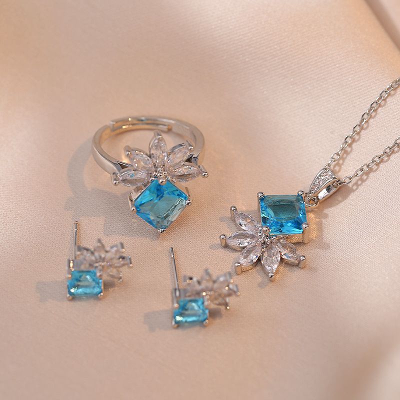 Conjunto De Anillo Pendientes Collar Y Flor De Diamante Cuadrado De Acero De Titanio