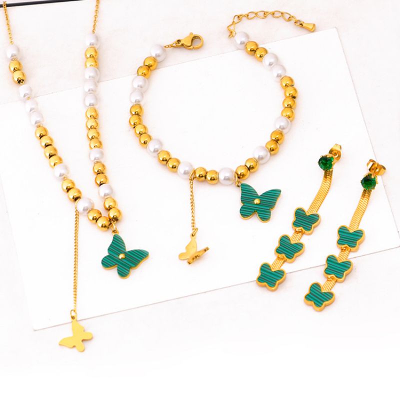 Conjunto De Pendientes De Collar De Mariposa Con Cuentas De Perlas De Oro De Acero De Titanio