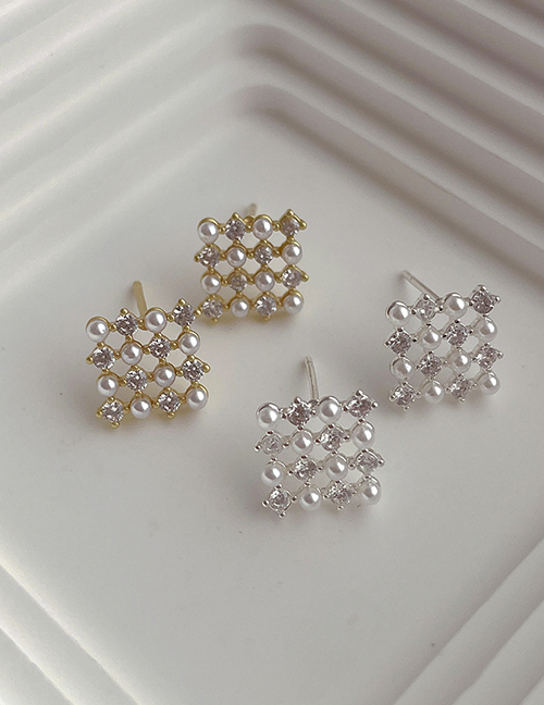 Aretes Cuadrados De Perlas Y Diamantes Geométricos