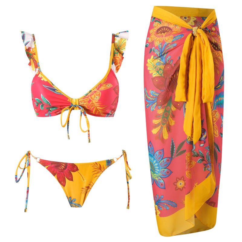 Nylon Printed Lace-up Split Swimsuit Beach Skirt Set