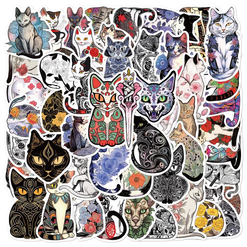 50 Pegatinas Impermeables De Gatos Tatuados