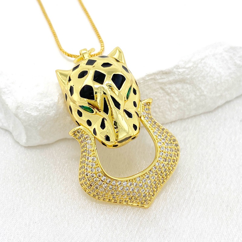 Collar De Cabeza De Leopardo De Diamantes Con Goteo De Aceite De Cobre