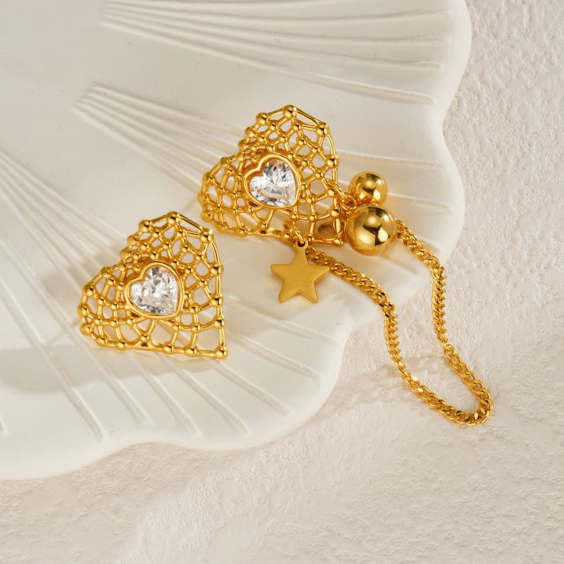 Pendientes Love Asimétricos De Acero Chapado En Oro Y Diamantes