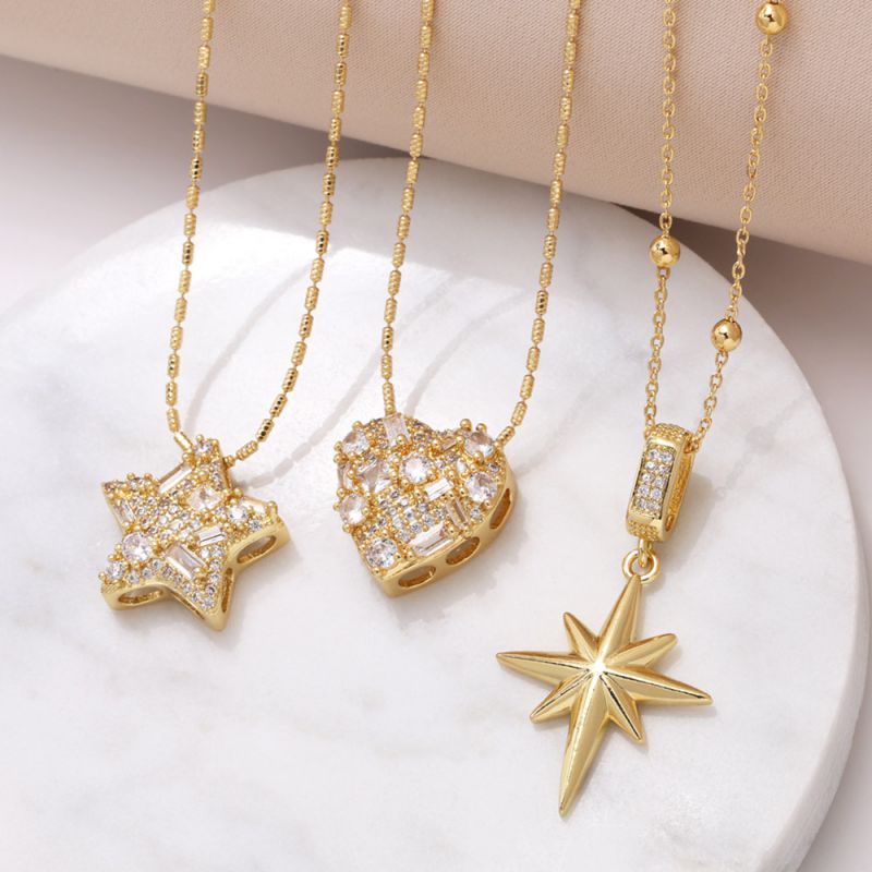 Collar Estrella De Cinco Puntas De Cobre Bañado En Oro Y Diamantes
