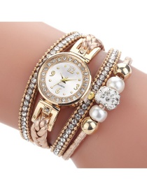 Reloj De Cuerda Trenzada Con Cinturón De Pu Redondo Con Cuentas De Perlas De Diamantes De Imitación