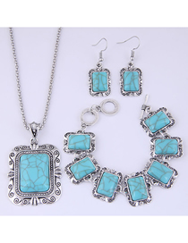 Fashion Light Blue Metal Pine Square Necklace Earrings And Bracelet Set
