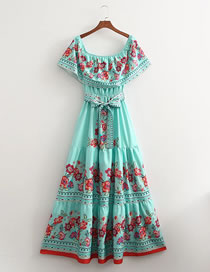 Fashion Blue Cotton And Linen Print Knotted Swing Dress