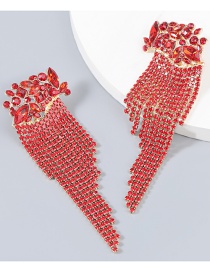 Fashion Red Alloy Inlaid Rhinestone Flower Tassel Earrings