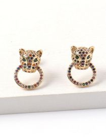 Pendientes De Botón De Leopardo De Latón Chapado En Oro Con Diamantes