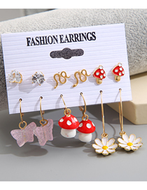 Fashion Gold Color Alloy Diamond Drop Oil Mushroom Butterfly Daisy Earring Set