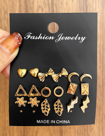 Fashion Gold Color Alloy Geometric Leaf Snowflake Bow Love Moon Stud Earrings Set