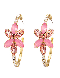 Fashion Pink Alloy Diamond Flower Circle Stud Earrings