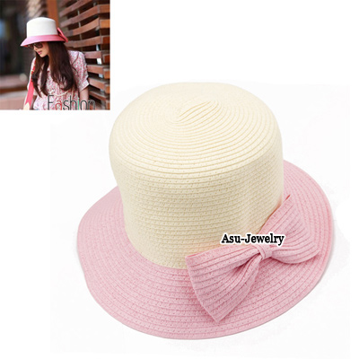 (Pink) New Women Cute Wide Brim Bow Sun Cap Bucket Design Straw Hat