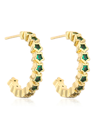 Fashion Green Gold-plated Brass Inlaid Zirconium Star C-shaped Earrings