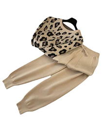 Fashion Khaki Acrylic Leopard Print Crew Neck Top Drawstring Pants Set