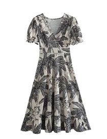 Woven Printed V-neck Puff Sleeve Dress