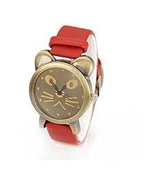 Gored Red Vintage Lovely Cat Design Pu Leather Fashion Watches