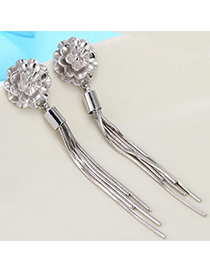 Delicate Silver Color Flower Shape Decorated Tassel Design Cuprum Stud Earrings