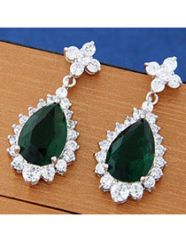 Exquisite Green Diamond Decorated Water Drop Shape Design Cuprum Zircon Stud Earrings