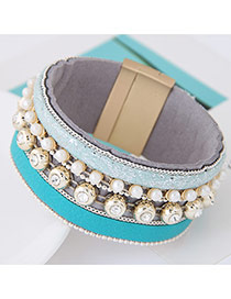 Trendy Blue Pearl Decorated Multilayer Wide Design Alloy Korean Fashion Bracelet