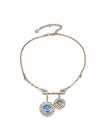 Personality Blue Round Shape Stone Pendant Decorated Short Chain Design Alloy Bib Necklaces