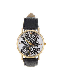 Exquisite Black Flower Pattern Decorated Pure Color Design  Pu Ladies Watches
