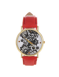 Exquisite Red Flower Pattern Decorated Pure Color Design  Pu Ladies Watches