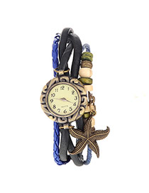 vintage Sapphire Blue Starfish Shape Decorated Multilayer Design Pu Ladies Watches