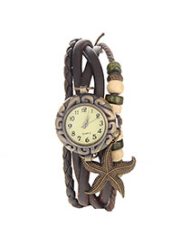 vintage Dark Brown Starfish Shape Decorated Multilayer Design Pu Ladies Watches