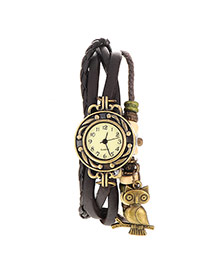 vintage Dark Brown Owl Shape Decorated Multilayer Design Pu Ladies Watches