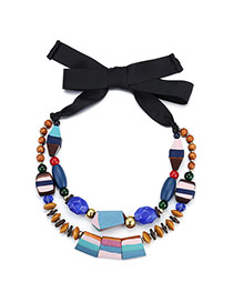 Vintage Multicolor Geometry Beads Decorated Double Layers Design Wood Bib Necklaces