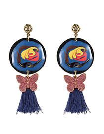 Vintage Blue Graffiti Pattern Butterfly Decorated Tassel Design Alloy Stud Earrings