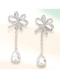 Exquisite Silver Color Diamond& Waterdrop Shape Pendant Decorated Bowknot Design Earrings