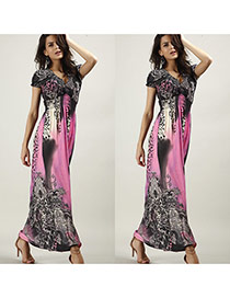 Bohemia Pink Leopard Grain Pattern Decorated Sleeveless Loose Long Dress
